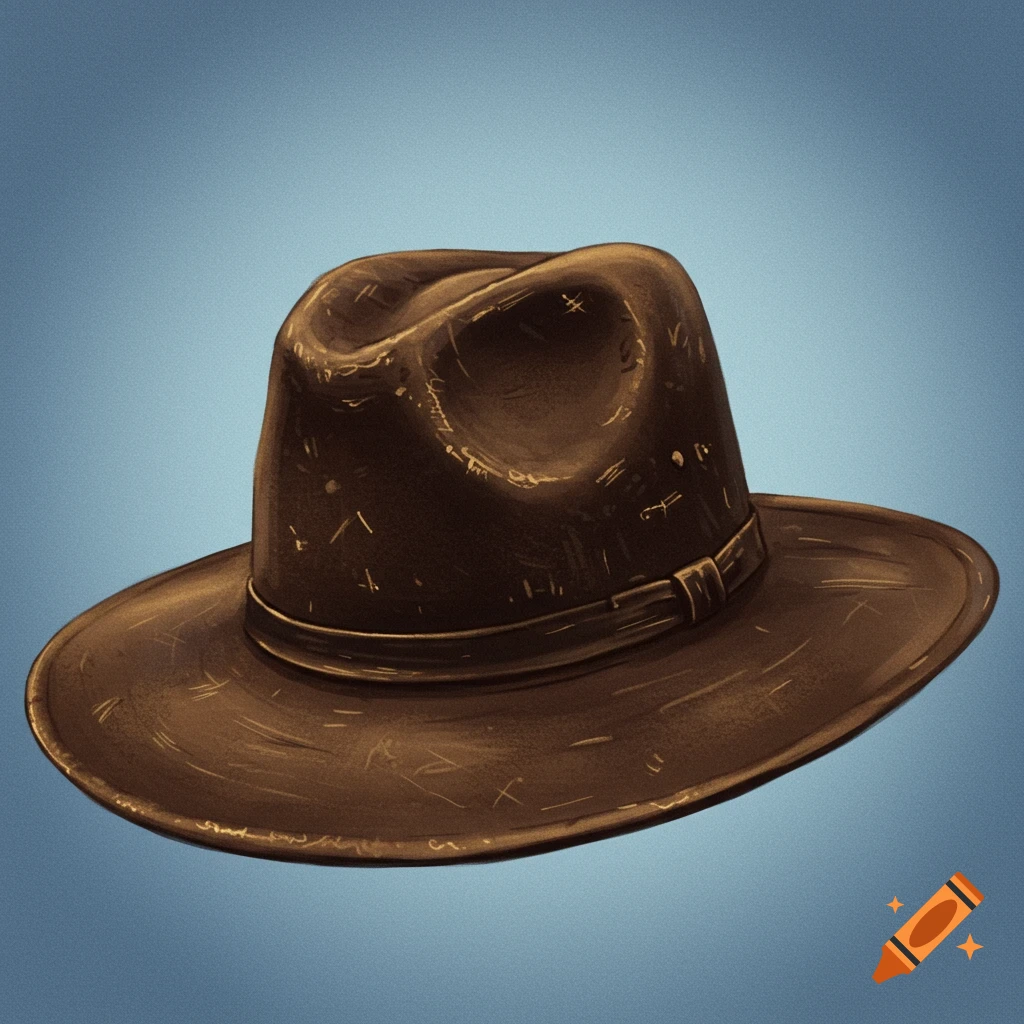 A brown fedora-style hat on a blue background in an illustrative style.