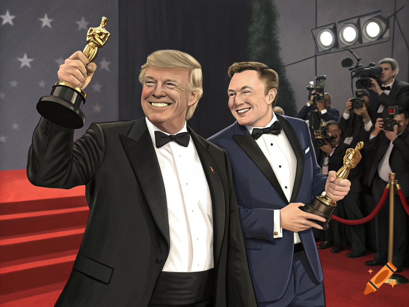Donald Trump and Elon Musk hold Oscar trophies on a red carpet.