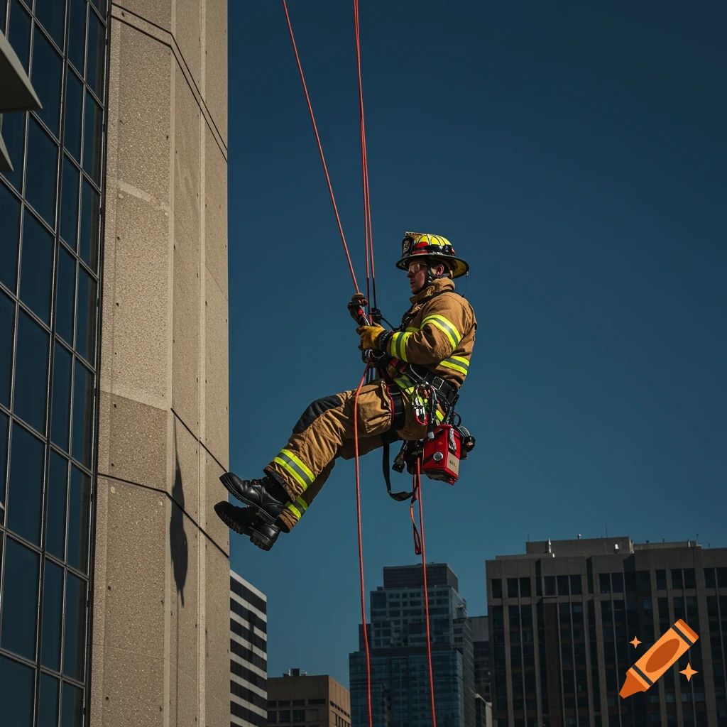 A firefighter rappels down the side of a building during a rope rescue drill.