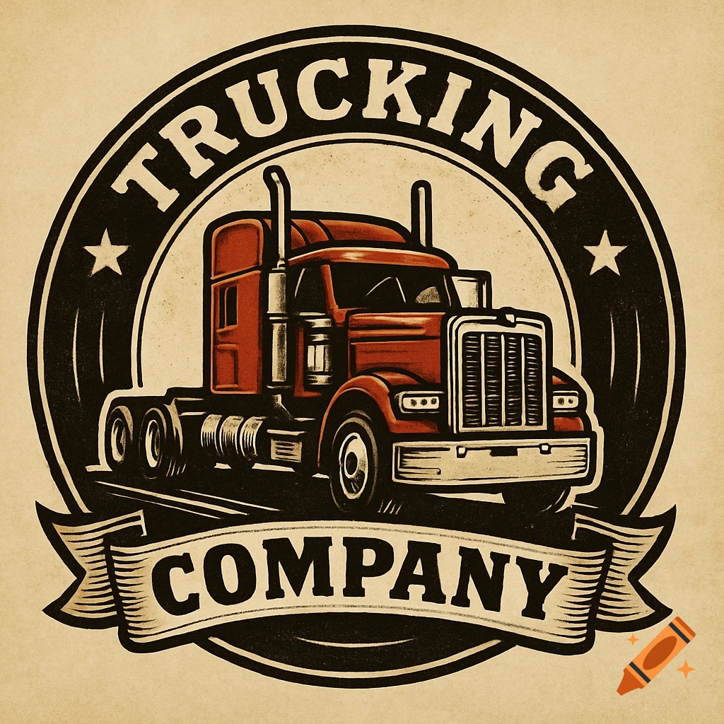 Vintage style emblem for a trucking company featuring a red semi-truck.