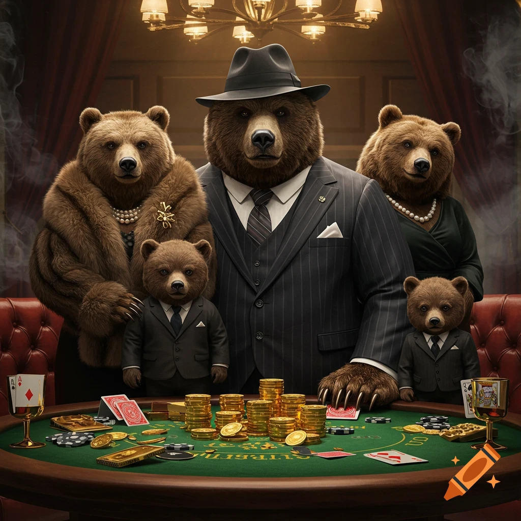 A family of bears dressed in suits and a fur coat plays poker at a fancy table.