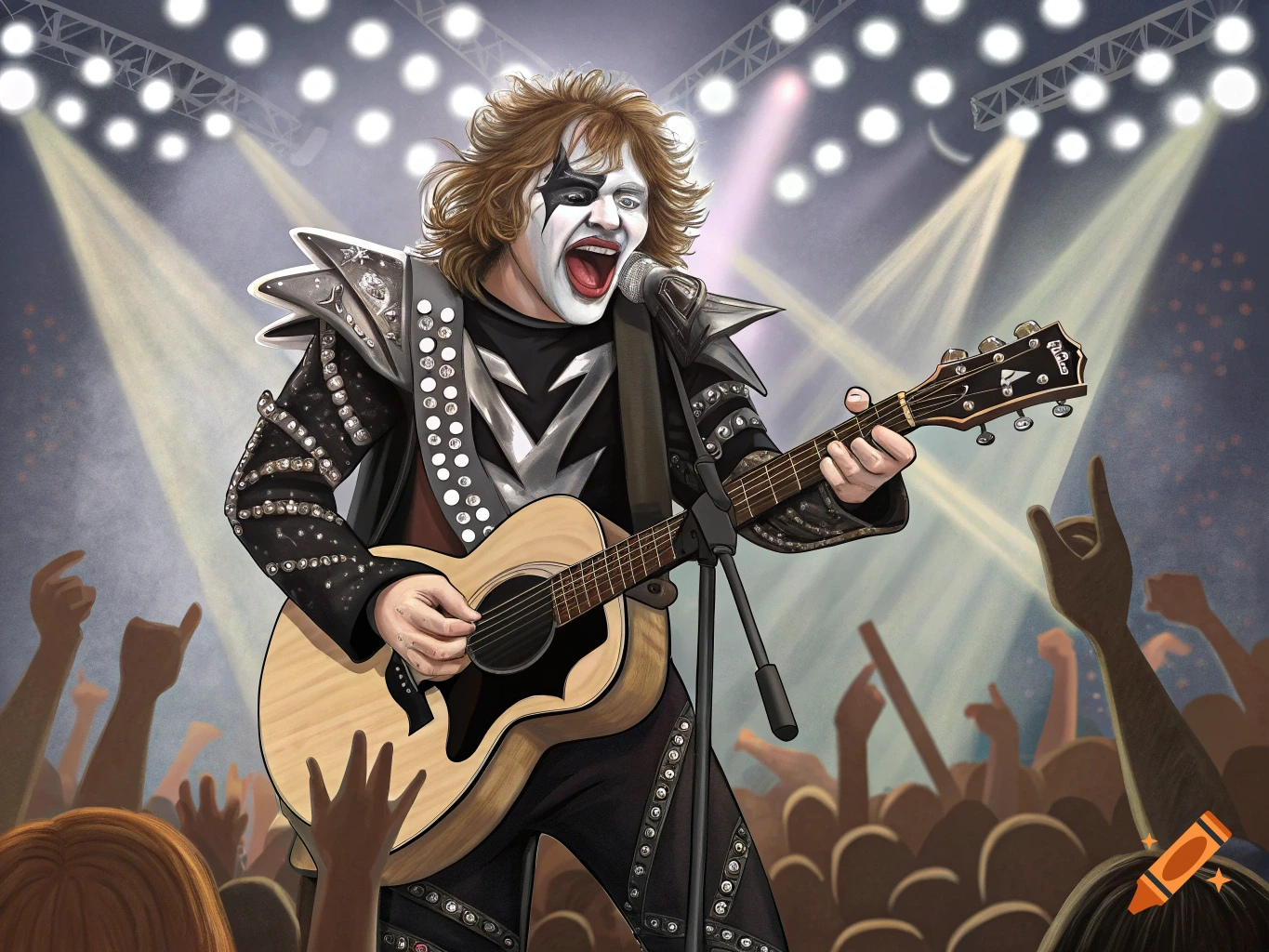 Musician in KISS costume playing acoustic guitar on stage to a crowd, illustration