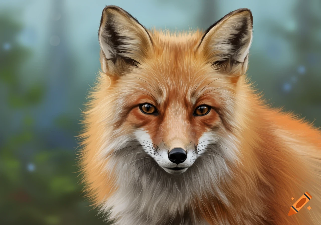 Close-up digital painting of a red fox portrait with a blurry background.