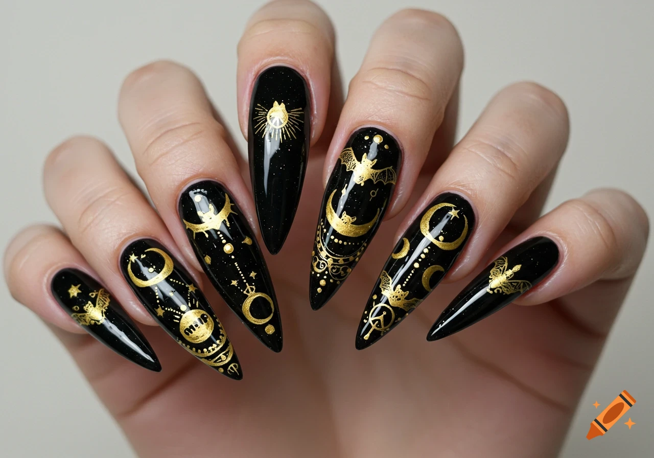 Hand with long black stiletto nails decorated with gold bat, moon, and star designs