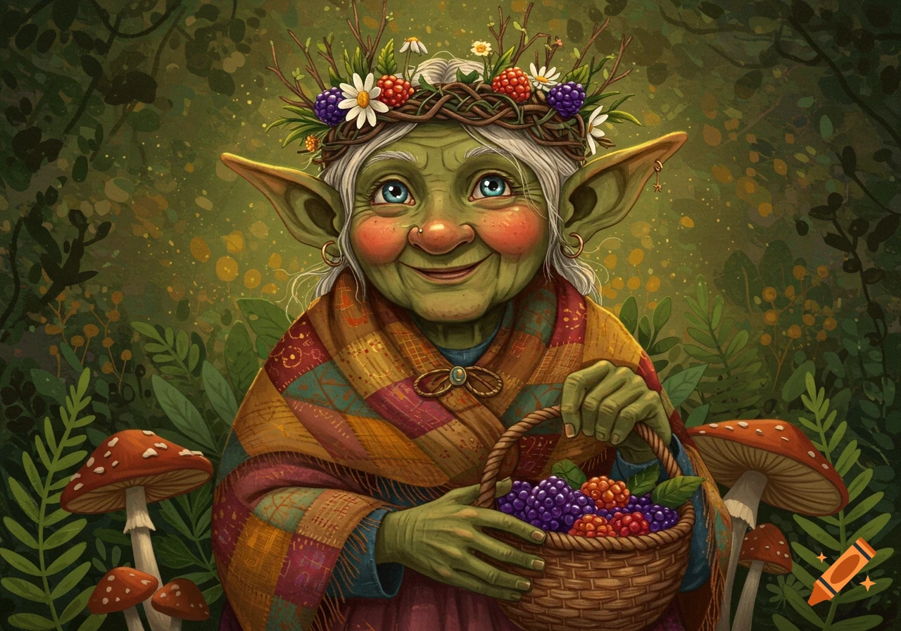 Illustration of a smiling old goblin woman with a berry crown, holding a basket of berries, in a forest.