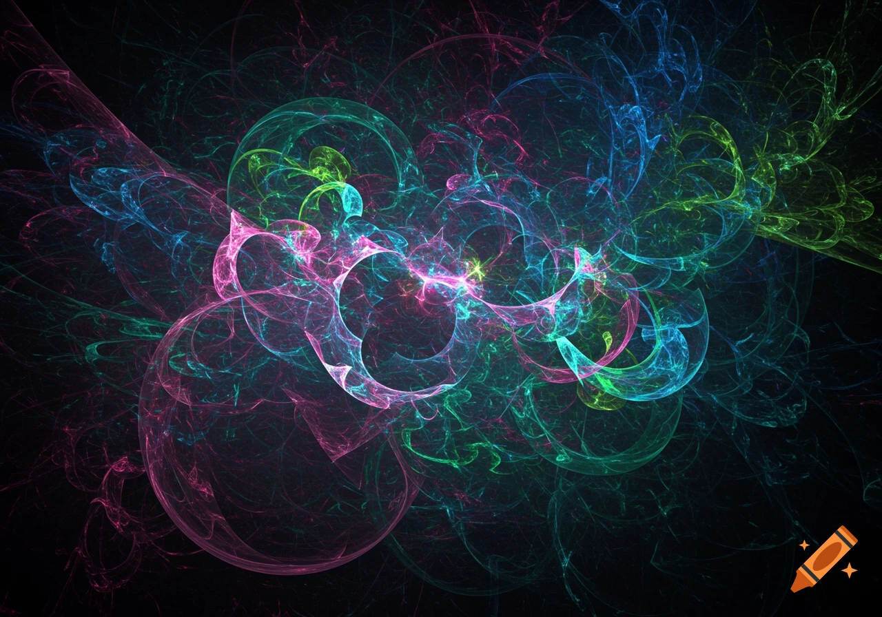 Swirling abstract fractal pattern with pink, blue, and green lines on a black background.