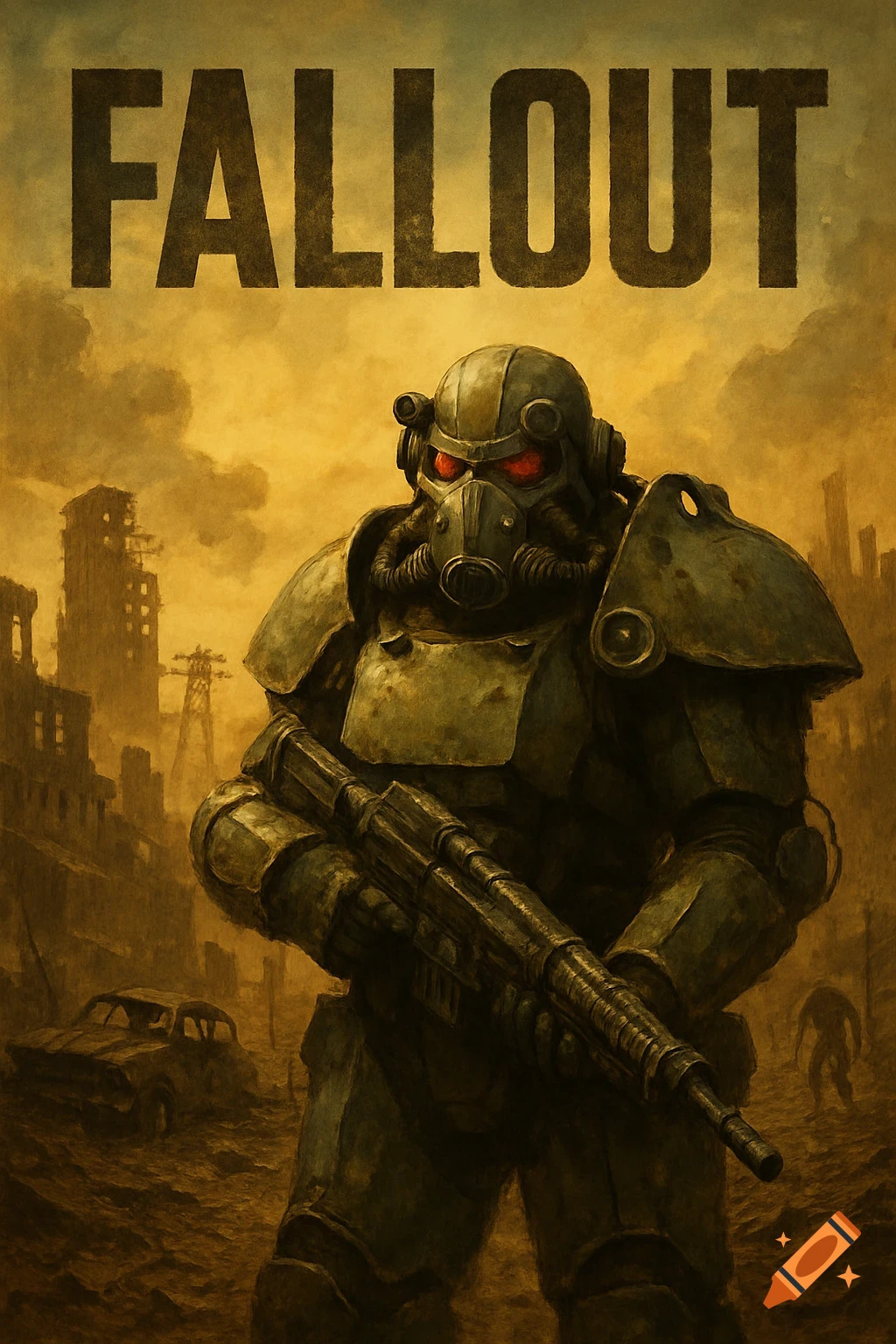 Fallout poster with a power-armored soldier holding a rifle in a ruined city.