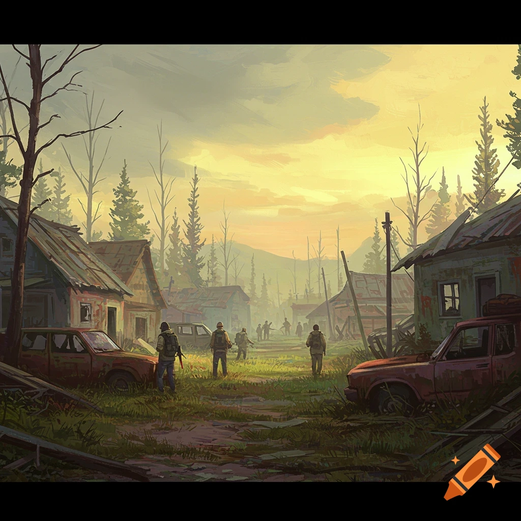 Painted illustration of survivors walking through a dilapidated village at sunset.