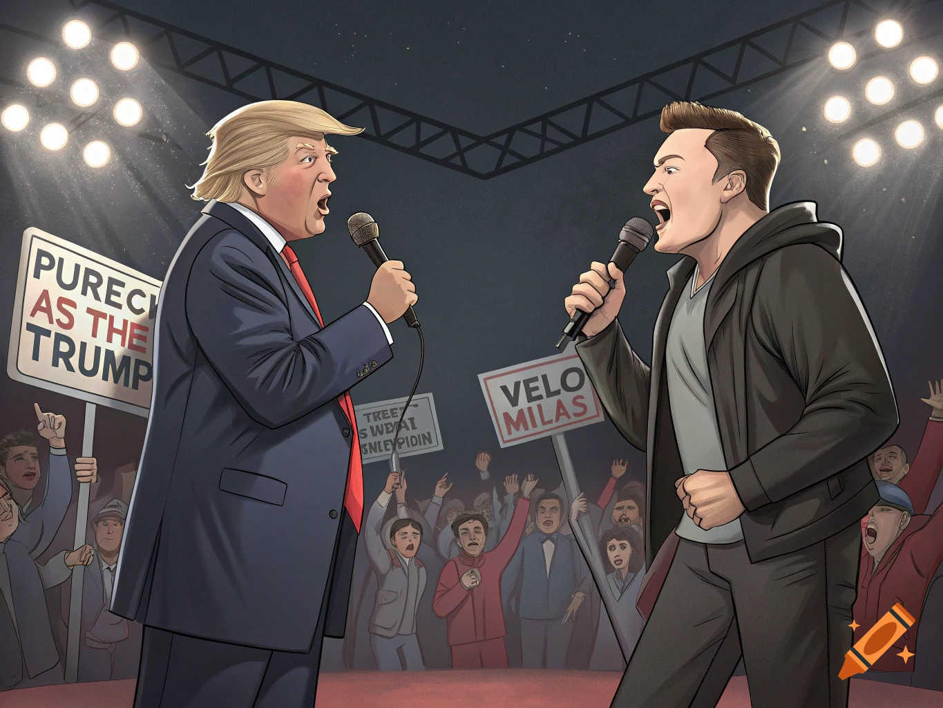 Cartoon illustration of Donald Trump and Elon Musk in a rap battle on a stage with signs