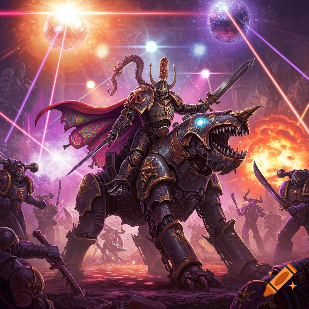 Warhammer 40k warrior riding a hellstalker mech in a disco-themed battle scene.