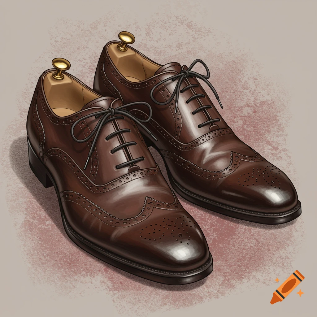 A pair of brown leather wingtip shoes with shoetrees, illustrated style.