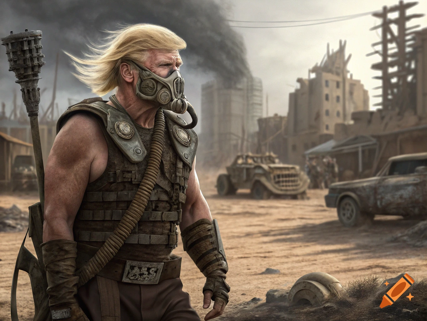 Person resembling Donald Trump in post-apocalyptic armor and gas mask.