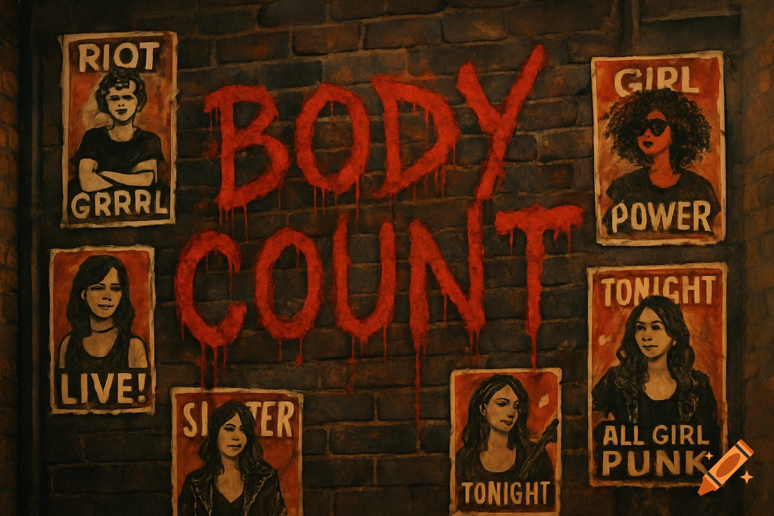 Red graffiti "BODY COUNT" on a brick wall surrounded by concert posters featuring women and text like "RIOT GRRRL", "GIRL POWER", "ALL GIRL PUNK".
