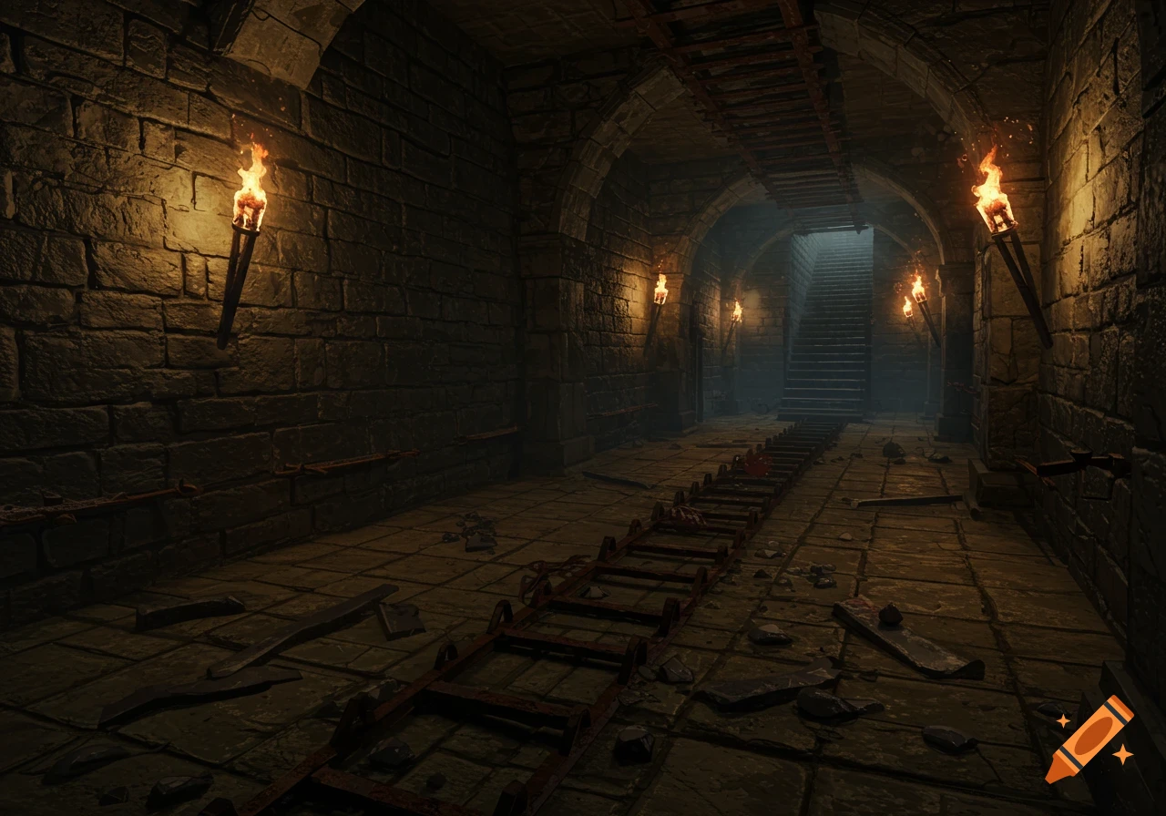 A dark, atmospheric dungeon corridor lit by torches, with a mine cart track and debris on the floor leading towards steps in the distance.