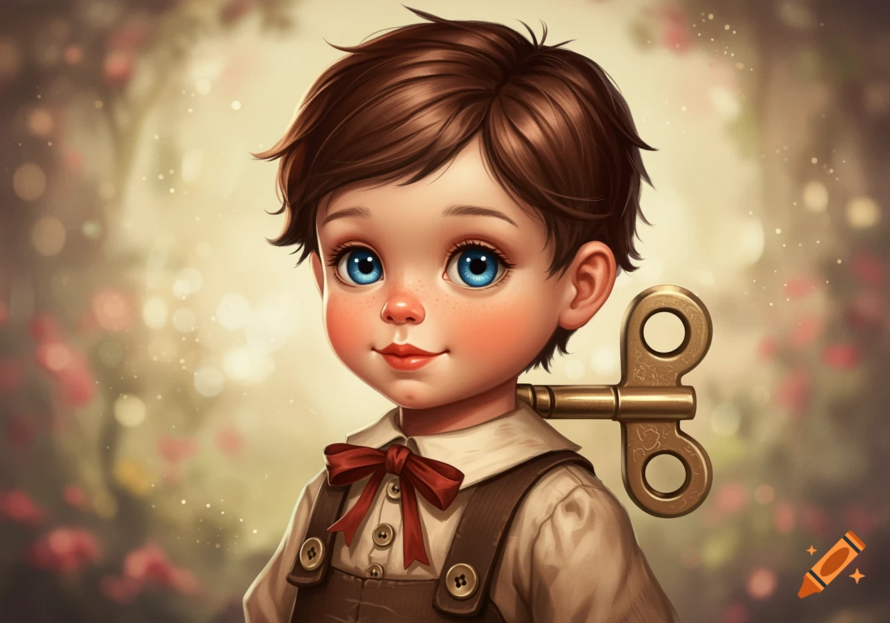 Close-up portrait of a wind-up boy doll with blue eyes.