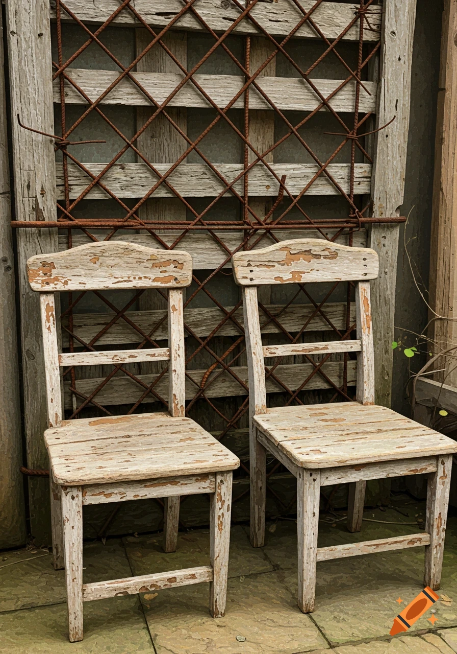 Two old, weathered wooden chairs sit in front of a rustic rebar garden trellis.