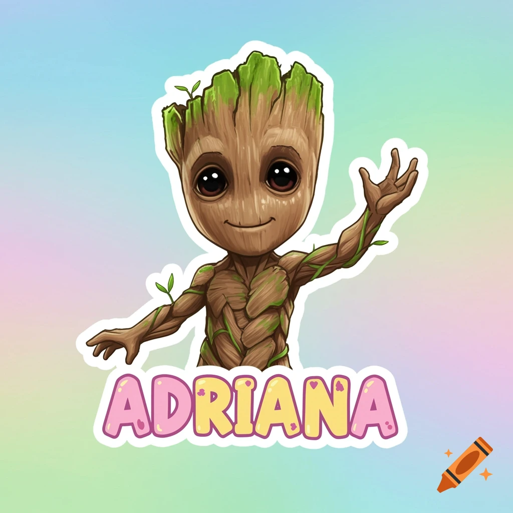 Cartoon sticker of Baby Groot with the name Adriana below.