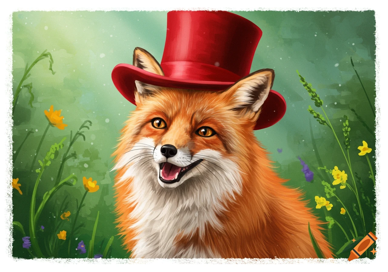 An illustration of a fox wearing a red top hat, smiling and sitting among yellow and purple wildflowers.