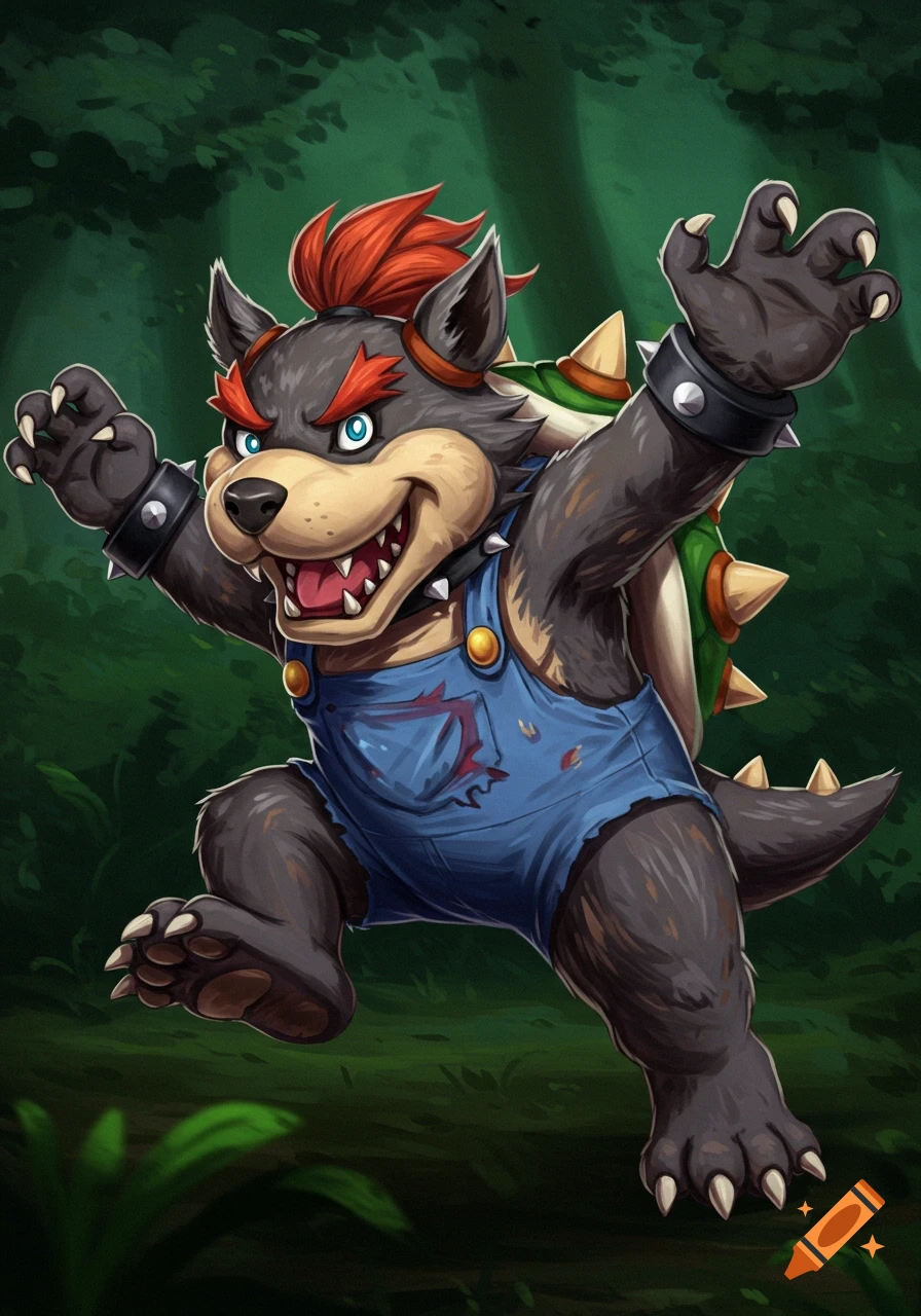 Cartoon wolf creature resembling Bowser Jr. jumping in a forest