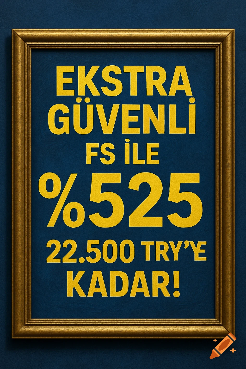 Yellow text ad in gold frame on blue background with percentage and currency details