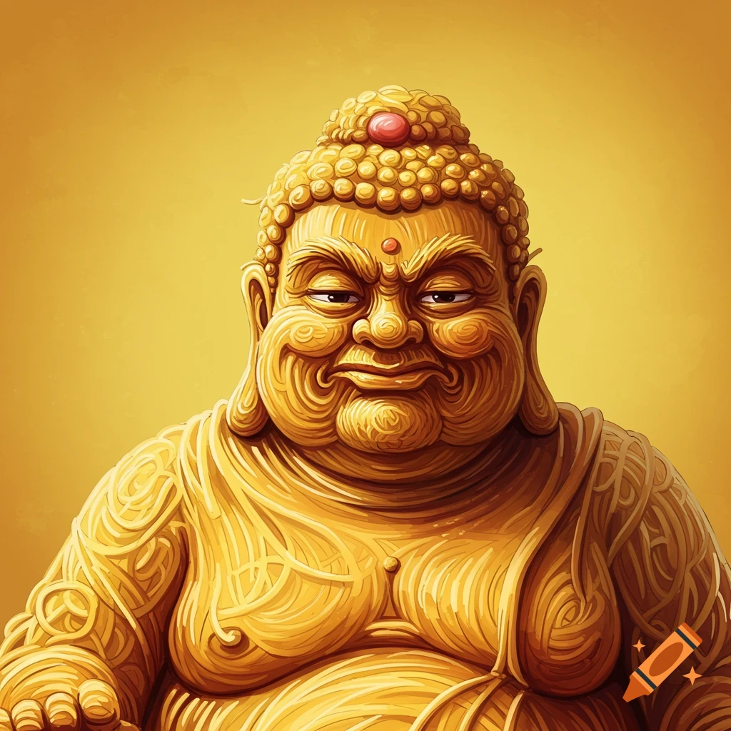 Golden spaghetti statue of a frowning buddha