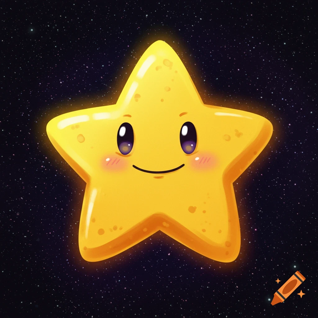 A cute cartoon star with a face smiling against a starry background.