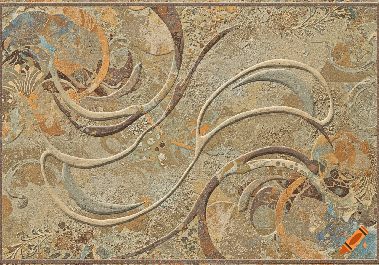 Textured abstract wall design with earthy colors and embossed swirls.