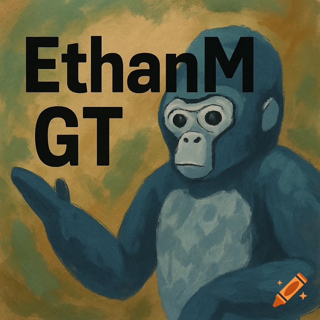 Painting of a blue gorilla with black text reading 'EthanM GT'.