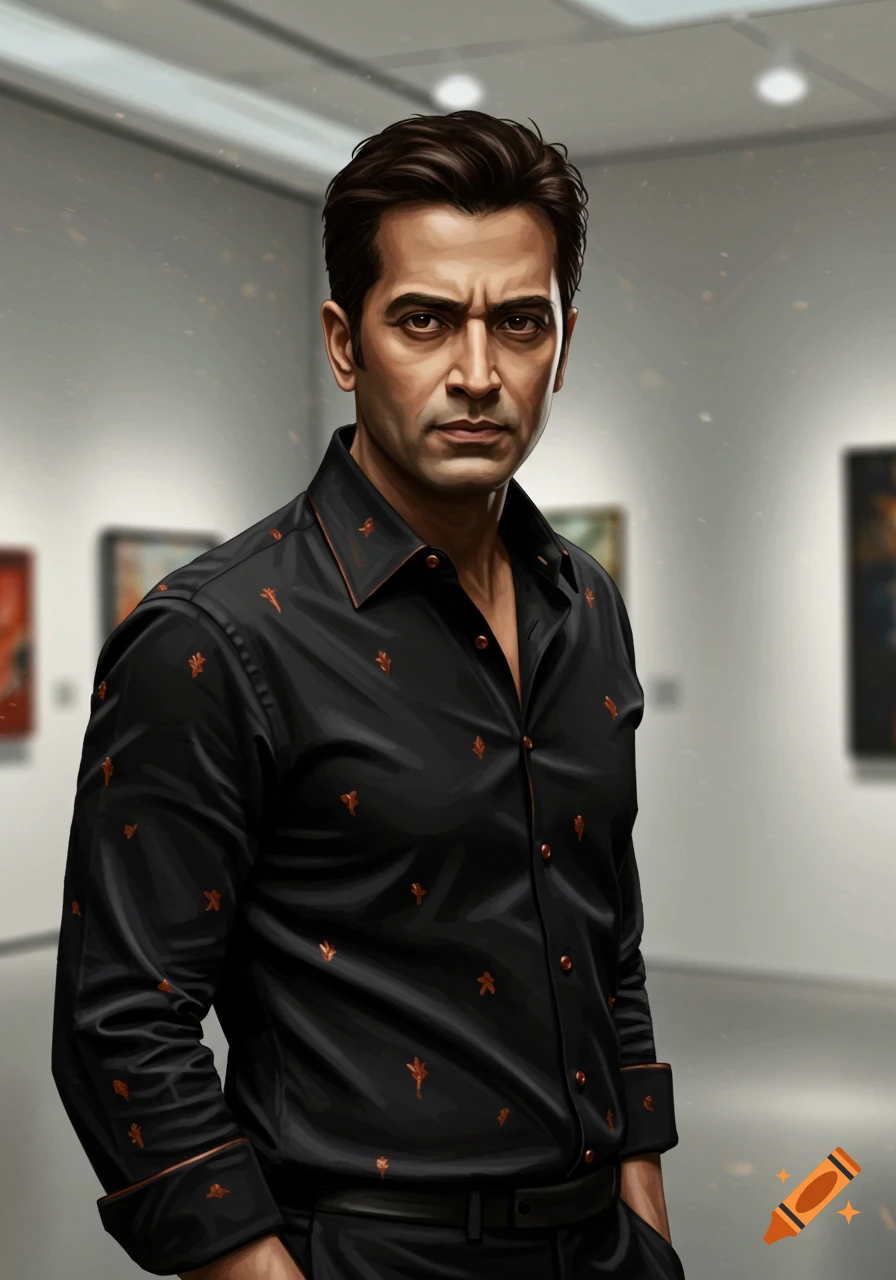 Man in black shirt with copper accents in an art gallery