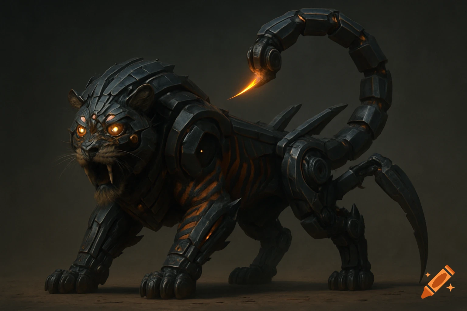 A biomechanical tiger-scorpion hybrid creature with glowing orange eyes and spikes.