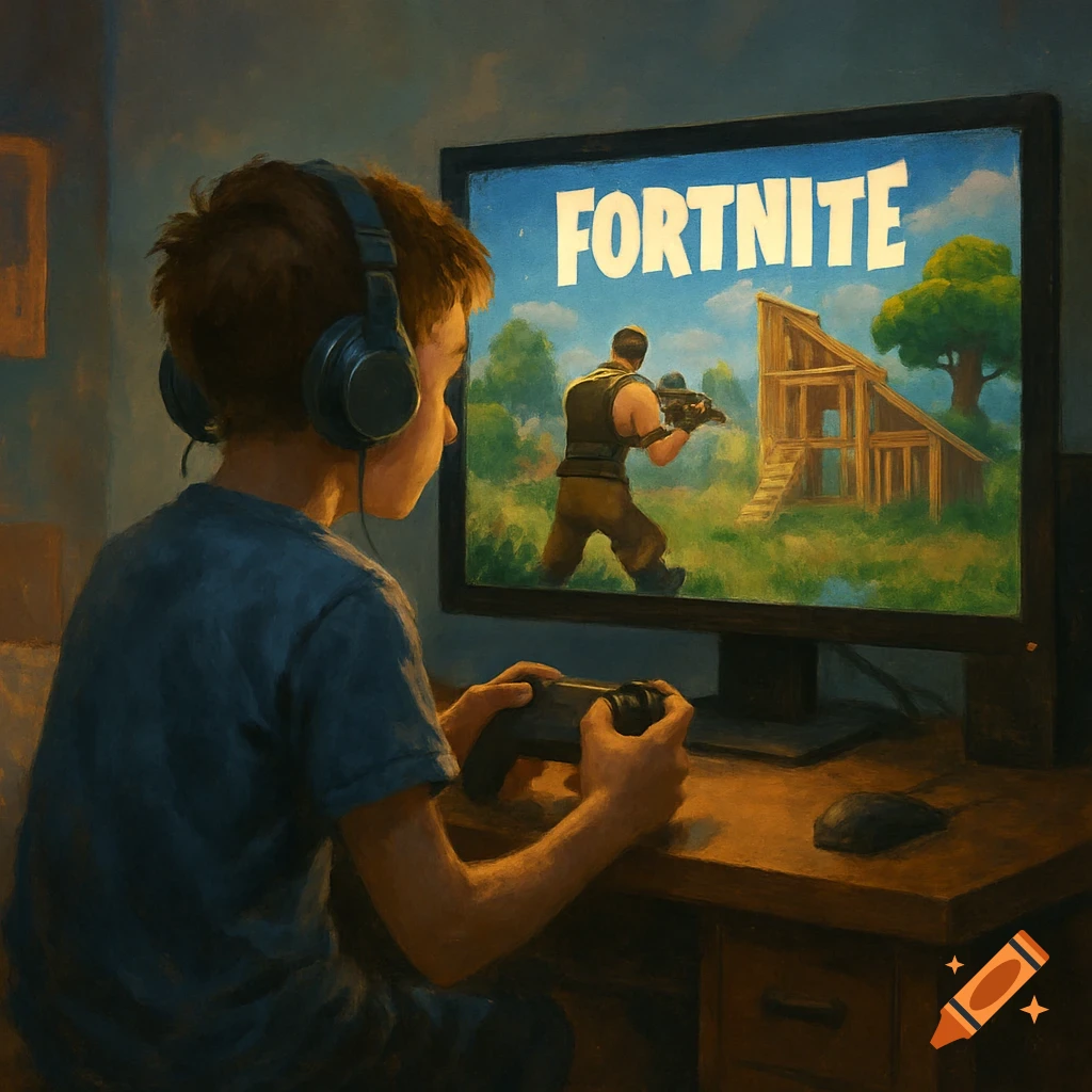 A boy wears headphones and plays the video game Fortnite on a monitor, in a painterly style.