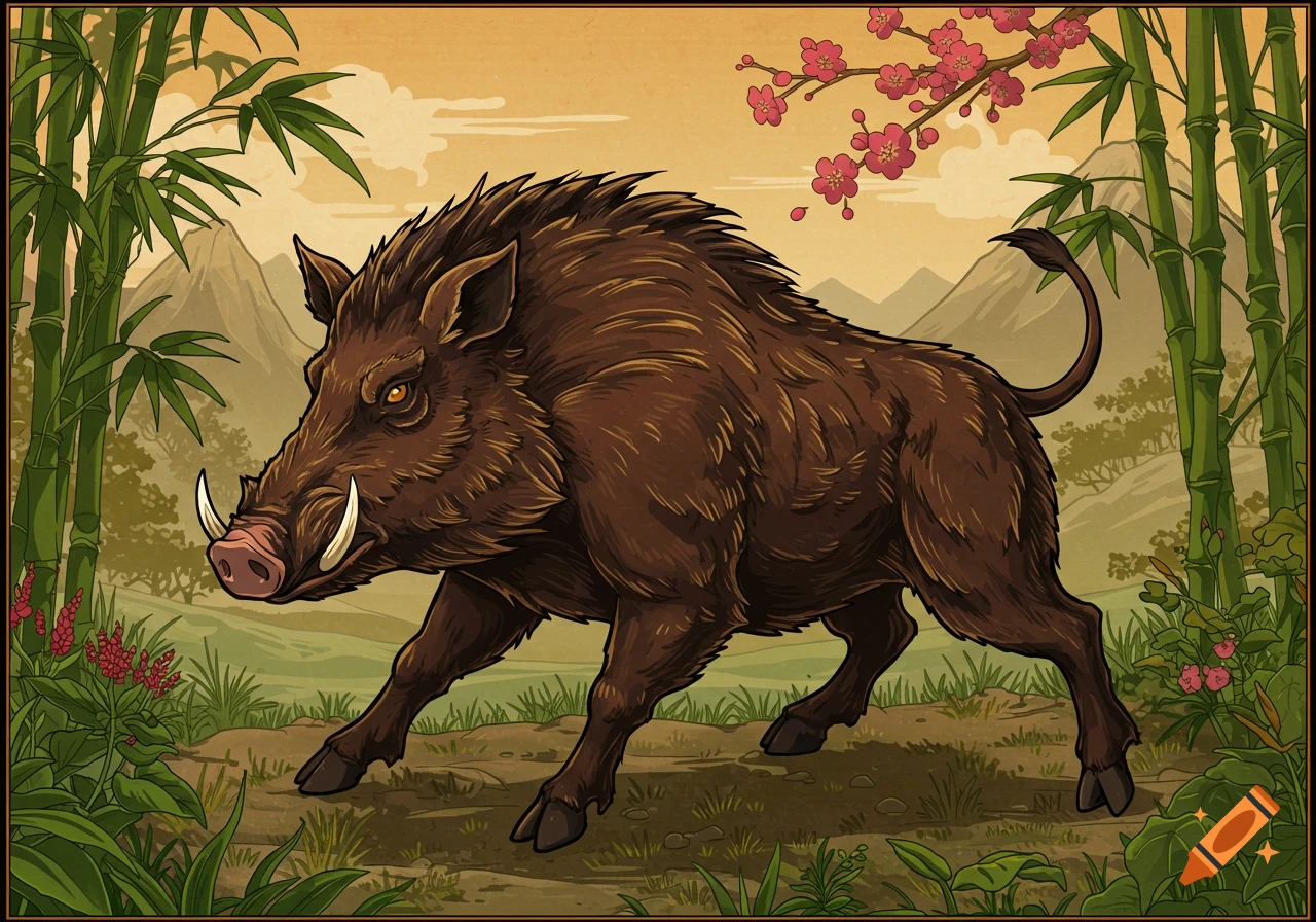 A wild boar in a traditional Asian art style, standing in a bamboo forest with mountains in the background.