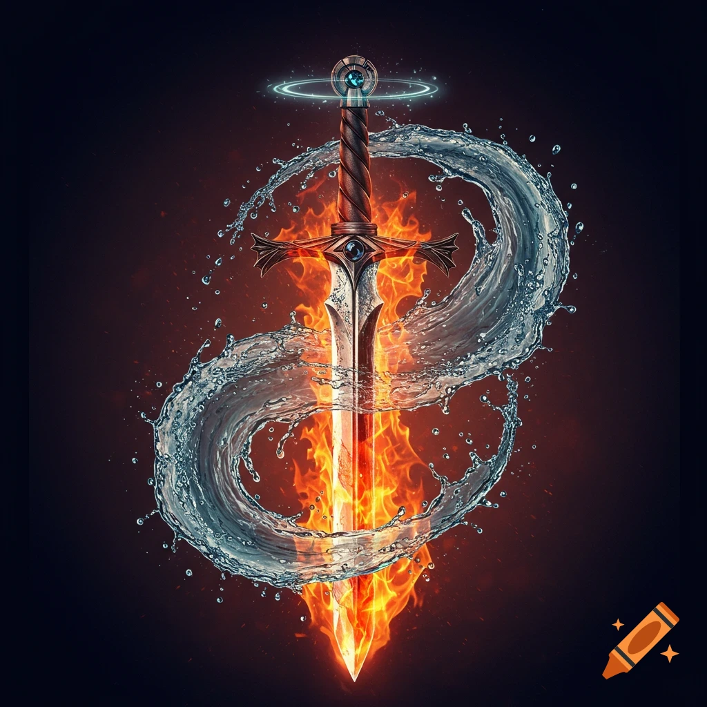 A fantasy sword engulfed in fire and surrounded by splashes of water on a dark background.