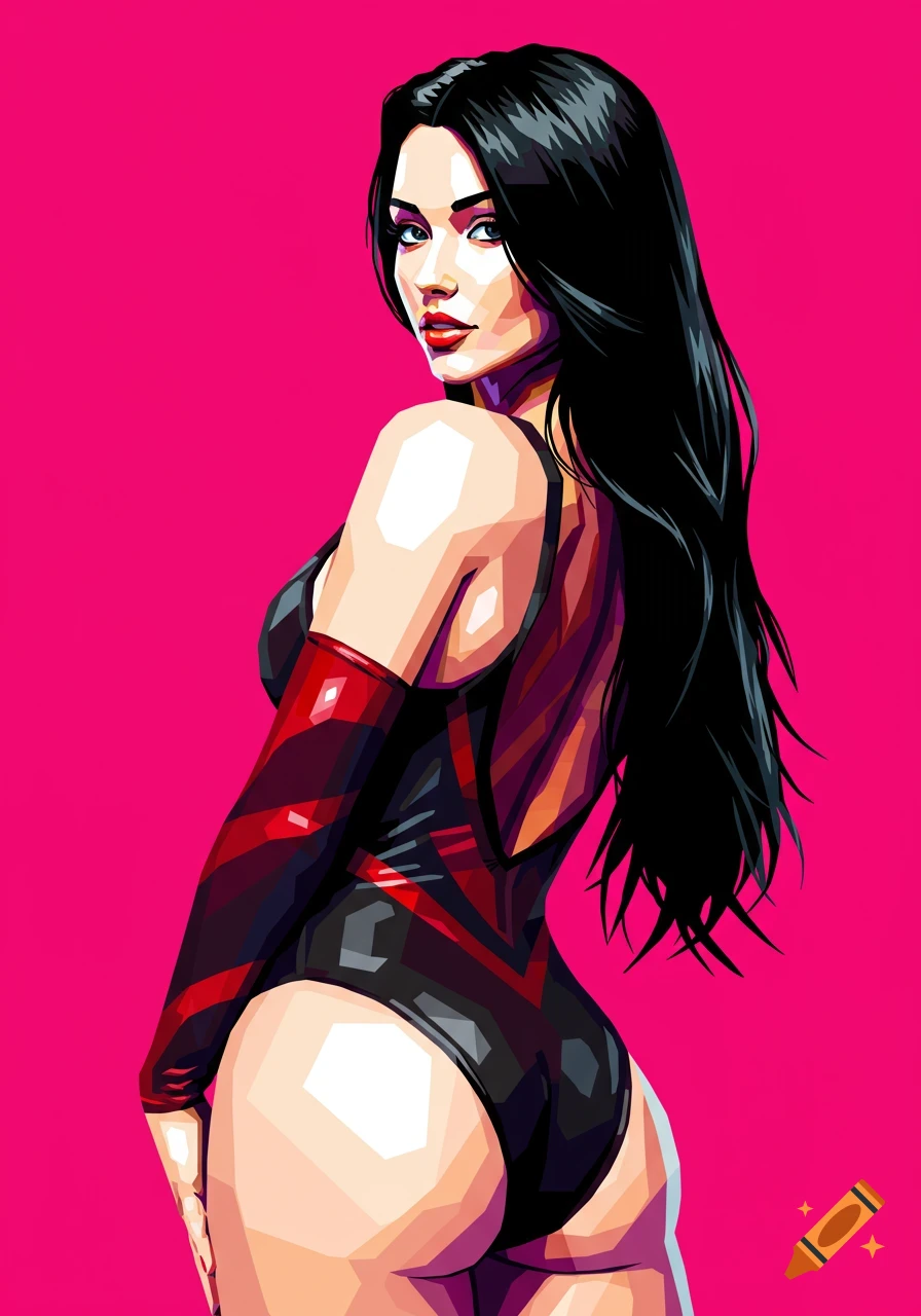 Pop art illustration of a woman in a black and red leotard against a pink background.