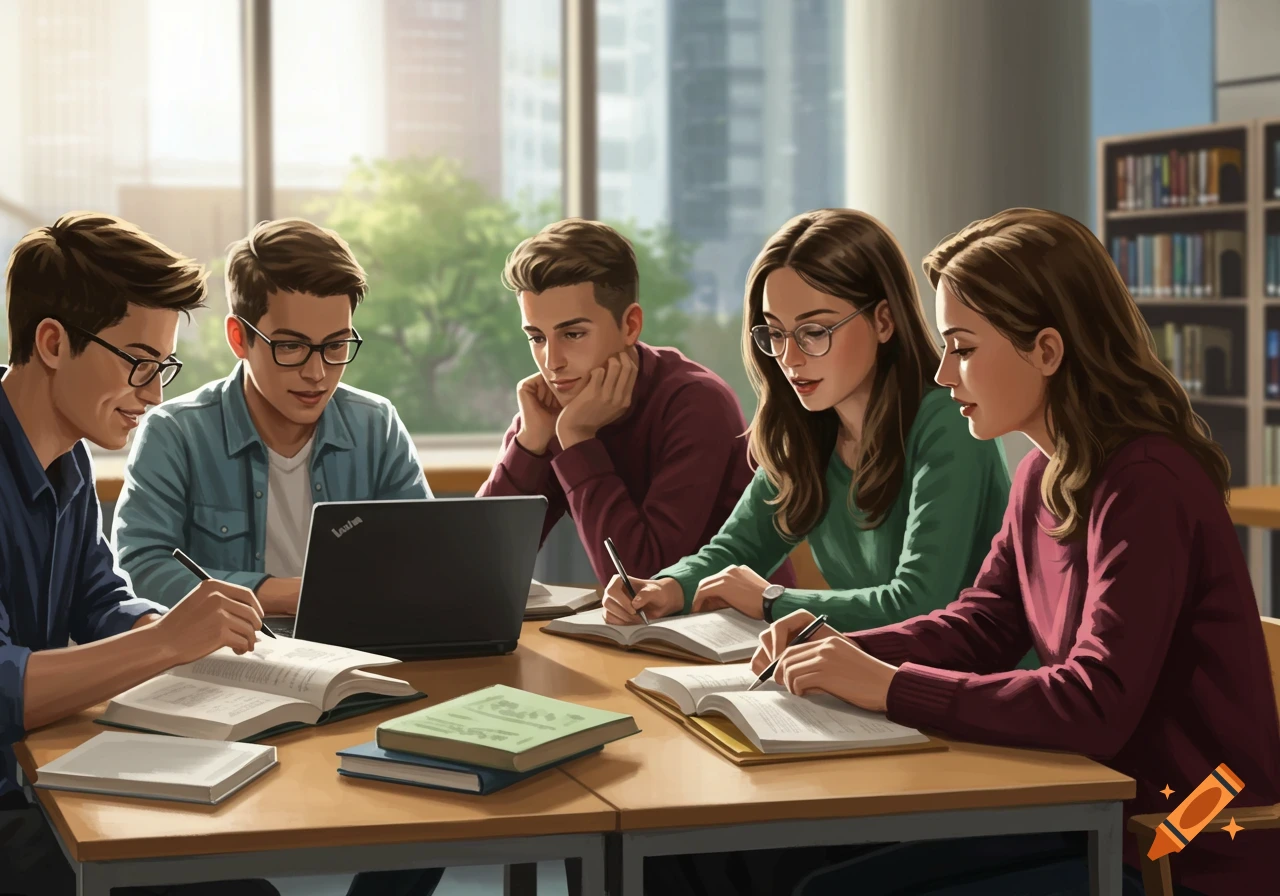 Students study with laptops and books in a sunny library