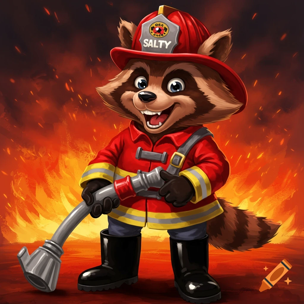 Cartoon raccoon mascot in firefighter uniform with hose against a fiery background.
