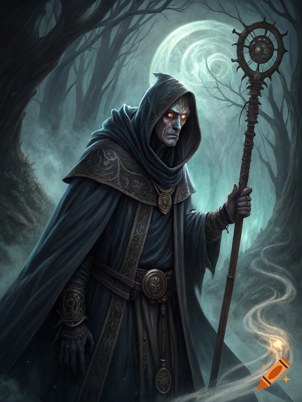 A dark fantasy digital painting of a hooded figure with glowing eyes ...