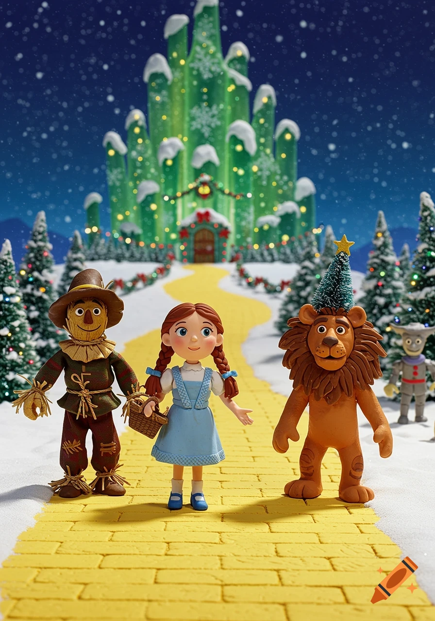 Claymation characters Scarecrow, Dorothy, and Cowardly Lion walk on a snowy Yellow Brick Road towards the Christmas-decorated Emerald City.