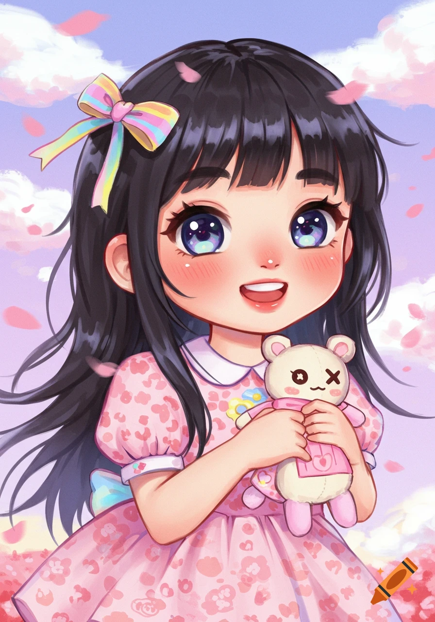 A cute anime girl with black hair, big eyes, pink floral dress, and rainbow bow, holds a teddy bear under a pink sky with petals.