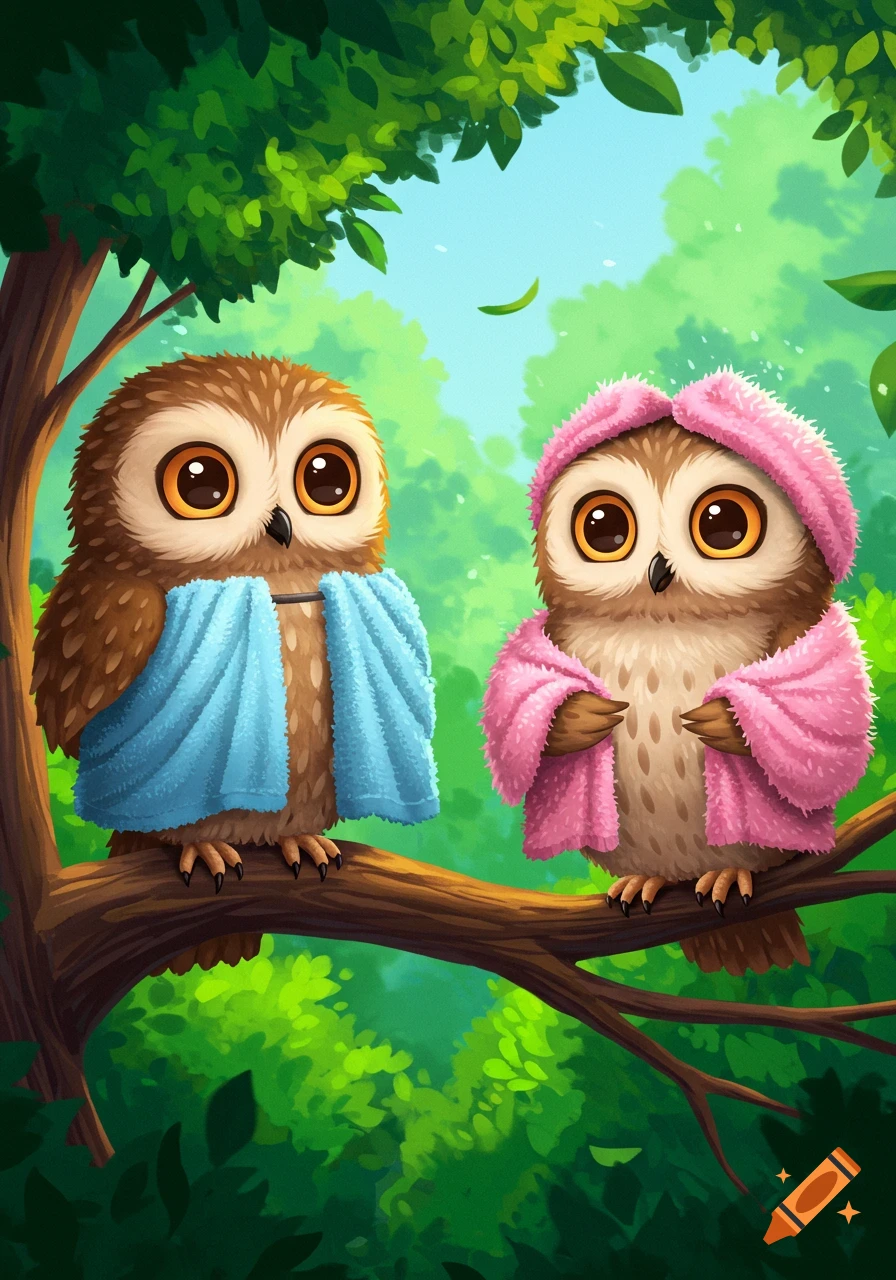 Two cute owls wearing blue and pink towels sit on a tree branch.