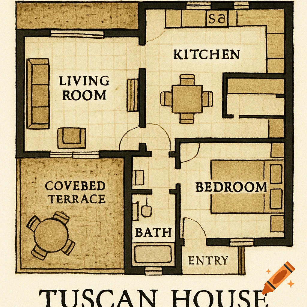 A schematic drawing of a Tuscan house floor plan showing rooms like living room, kitchen, bedroom, bath, and a terrace.