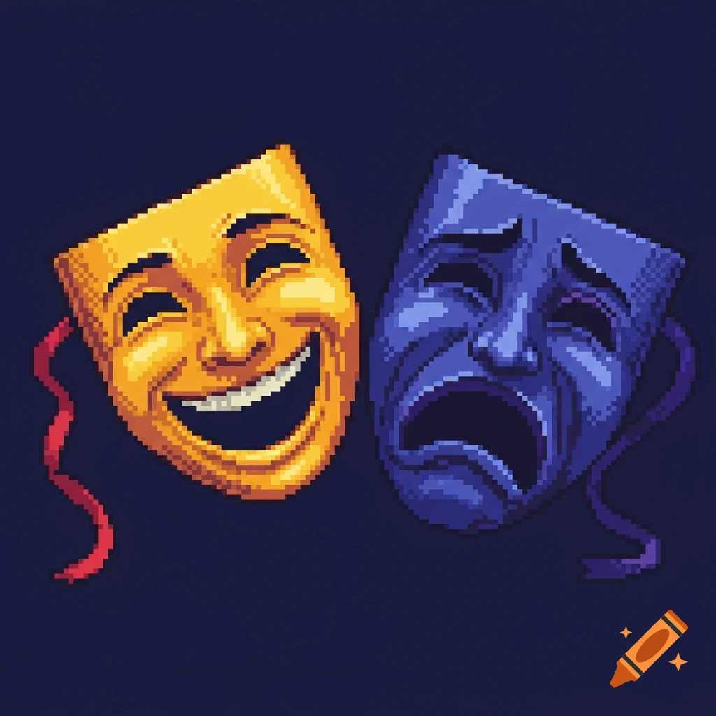 Two theatre masks, one happy yellow and one sad blue, in pixel art style.