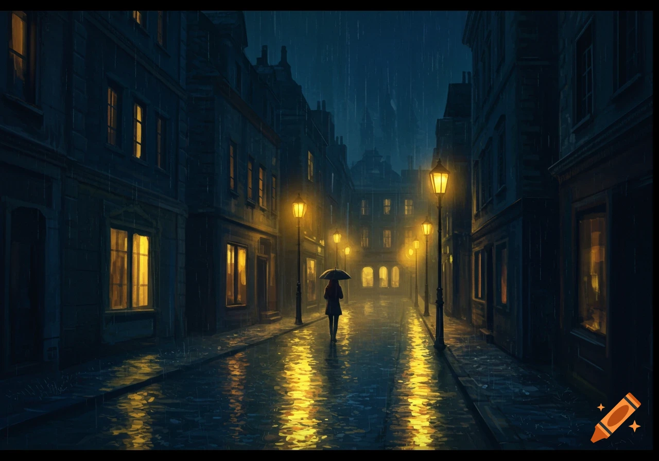 A person with an umbrella walks down a dark, rainy street illuminated by gas lamps.
