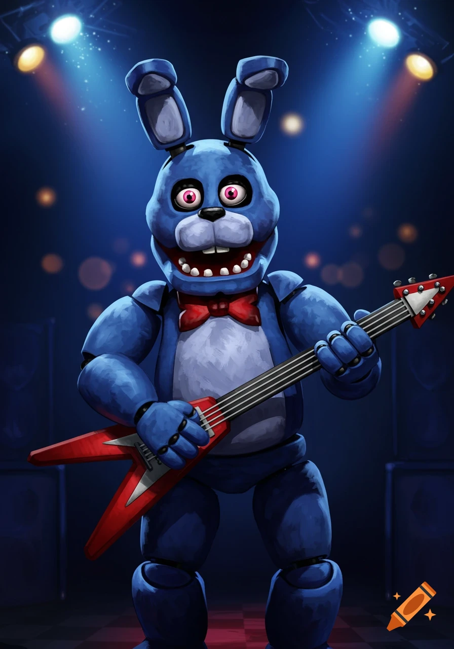 Blue animatronic rabbit playing a red guitar on a stage with spotlights