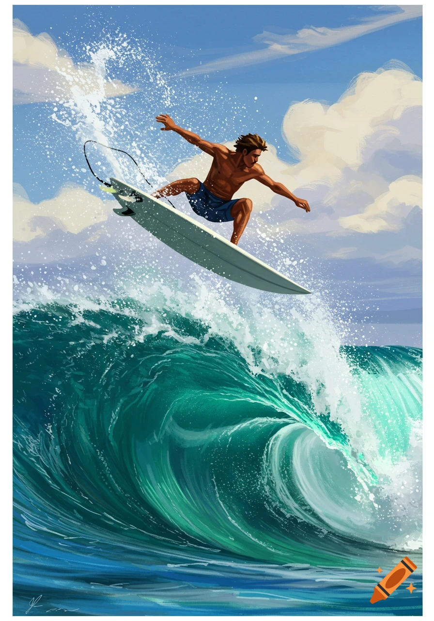 Stylized illustration of a surfer jumping high on a breaking wave.