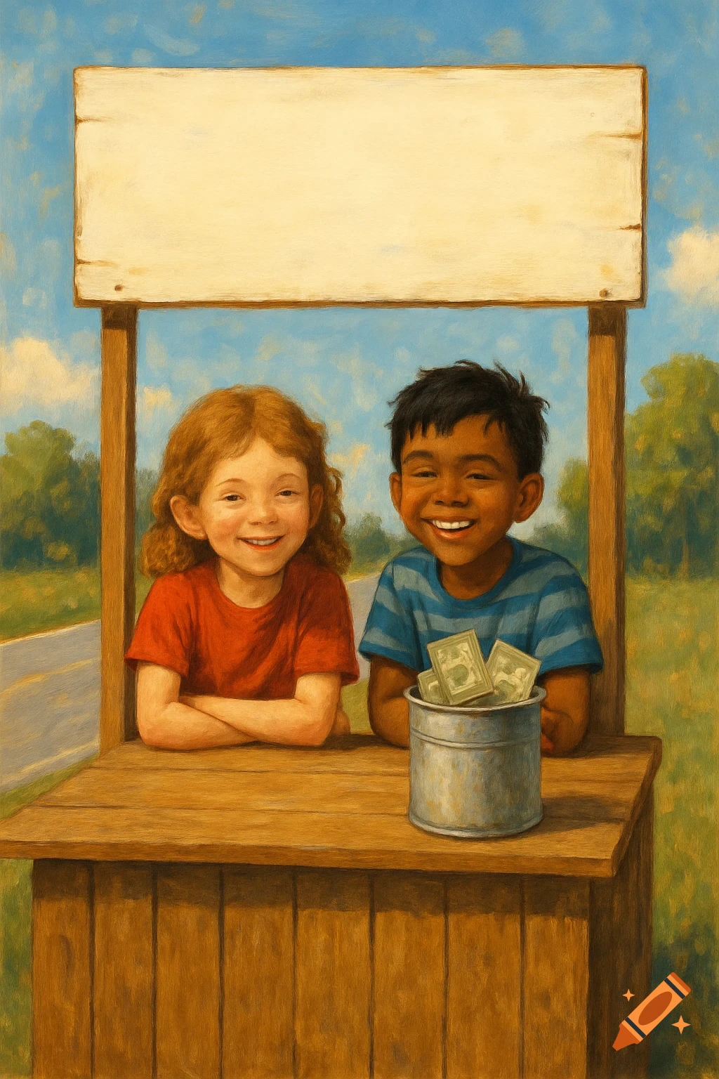 Two kids behind a wooden stand with a blank sign and a bucket of money, painted style.