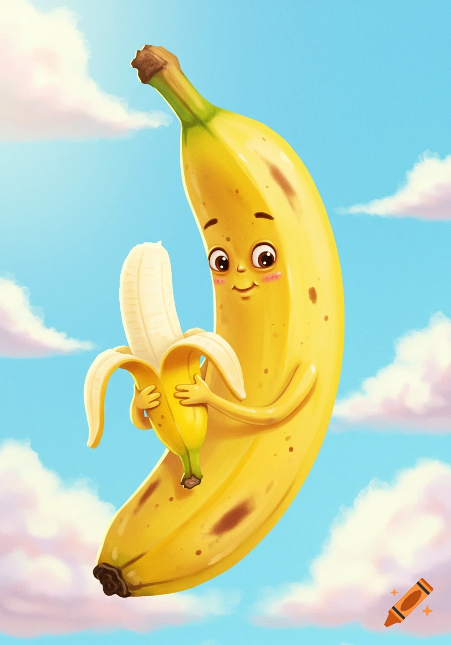 Cartoon banana character peeling a smaller banana against a sky background.