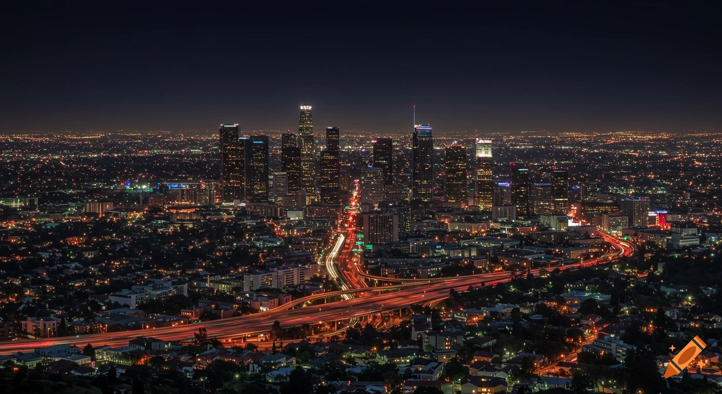 Panoramic view of a city skyline at night with illuminated skyscrapers and highways
