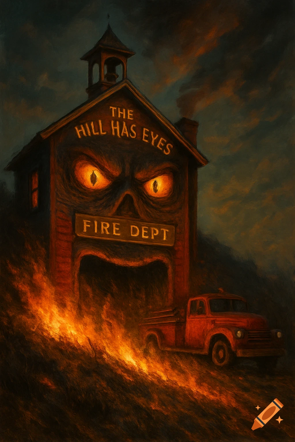 Painterly illustration of a spooky building personified with eyes and mouth, labeled "THE HILL HAS EYES FIRE DEPT", on fire next to a red fire truck.