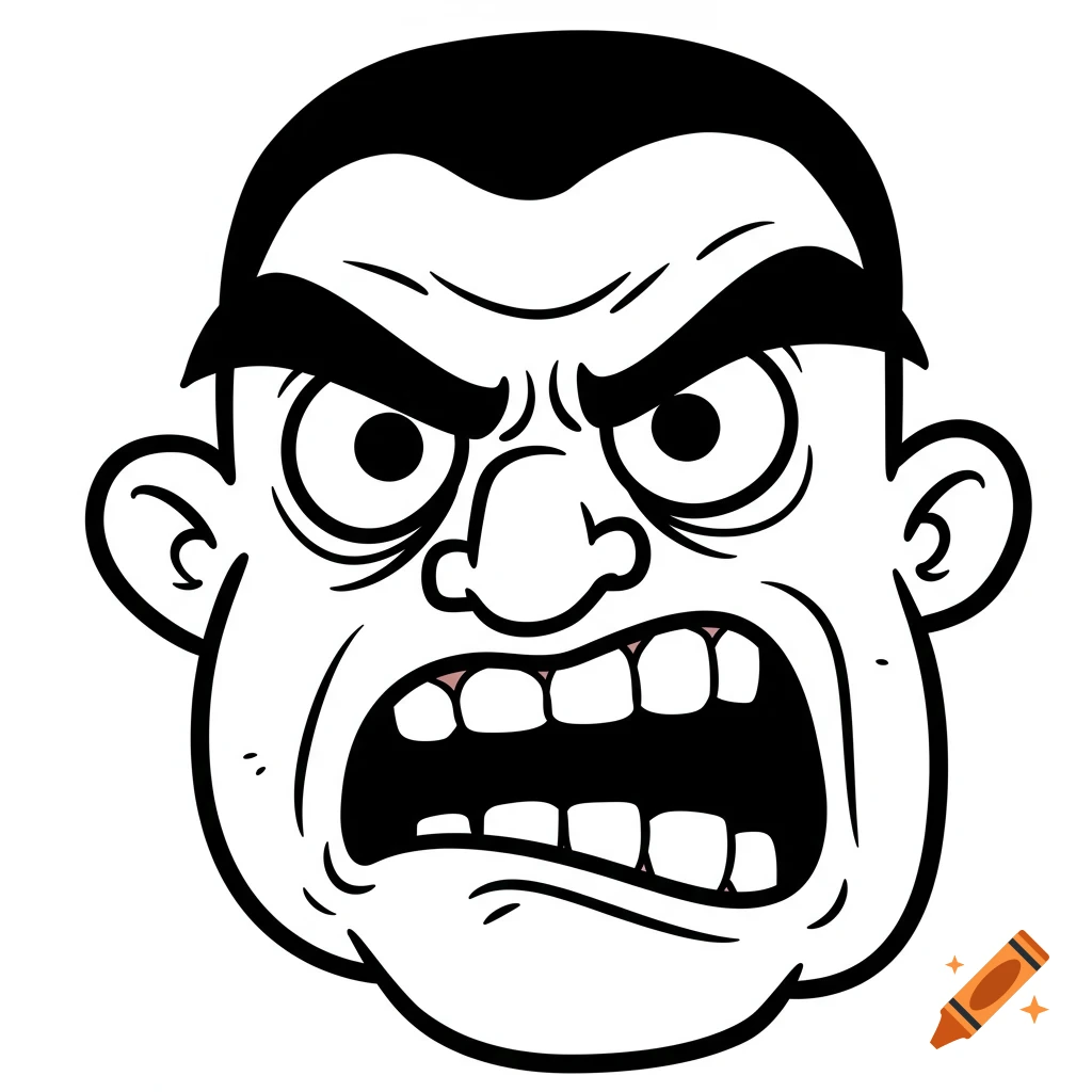 Vintage black and white cartoon illustration of an angry face.
